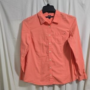 Tommy Hilfiger Womens Large Coral Button Up Long Sleeve Shirt W/ Chest Pocket